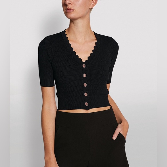 SANDRO CECIL BLACK SCALLOPED TRIM CARDIGAN - Picture 2 of 16